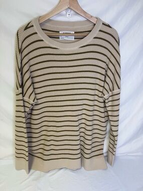 Crewneck Striped Waffle Knit Sweater in Beige and Olive - Women